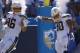 CARSON, CALIFORNIA - SEPTEMBER 08: Hunter Henry #86 congratulates Austin Ekeler #30 of the Los Angeles Chargers after his touchdown during the first half of a game against the Indianapolis Coltsat Dignity Health Sports Park on September 08, 2019 in Carso
