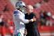 SANTA CLARA, CA - AUGUST 10: Quarterback Dak Prescott #4 and team owner Jerry Jones of the Dallas Cowboys hug each other during pregame warm ups prior to the start of an NFL preseason football game against the San Francisco 49ers at Levi's Stadium on Aug