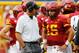 AMES, IA - AUGUST 31: Head coach Matt Campbell of the Iowa State Cyclones talks with quarterback Brock Purdy #15 of the Iowa State Cyclones during a time out in the second half of play at Jack Trice Stadium on August 31, 2019 in Ames, Iowa. The Iowa State