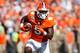 CLEMSON, SC - SEPTEMBER 07: Travis Etienne #9 of the Clemson Tigers runs with the ball during a game against the Texas A&M Aggies at Memorial Stadium on September 7, 2019 in Clemson, South Carolina. Clemson defeated Texas A&M 24-10. (Photo by Joe Robbins/