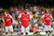 WATFORD, ENGLAND - SEPTEMBER 15: Pierre-Emerick Aubameyang of Arsenal (14) and team mates Granit Xhaka and David Luiz react during the Premier League match between Watford FC and Arsenal FC at Vicarage Road on September 15, 2019 in Watford, United Kingdo