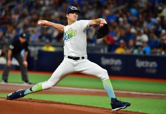 ST PETERSBURG, FLORIDA - SEPTEMBER 21: Tyler Glasnow #20 of the Tampa Bay Rays pitches to the Boston Red Sox during the second inning of a baseball game at Tropicana Field on September 21, 2019 in St Petersburg, Florida. (Photo by Julio Aguilar/Getty Imag
