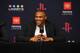 HOUSTON, TX - JULY 26: General Manager Daryl Morey, and Russell Westbrook #0 of the Houston Rockets smiles during the Houston Rockets Introductory Press Conference on July 26, 2019 at the Toyota Center in Houston, Texas. NOTE TO USER: User expressly ackno