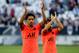 BORDEAUX, FRANCE - SEPTEMBER 28: Marquinhos, Juan Bernat of PSG celebrate the victory following the Ligue 1 match between FC Girondins de Bordeaux and Paris Saint-Germain (PSG) at Stade Matmut Atlantique on September 28, 2019 in Bordeaux, France. (Photo b