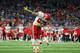 DETROIT, MI - SEPTEMBER 29: Travis Kelce #87 of the Kansas City Chiefs celebrates a third quarter touchdown during the game against the Detroit Lions at Ford Field on September 29, 2019 in Detroit, Michigan. Kansas City defeated Detroit 34-30. (Photo by L