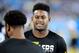 CHARLOTTE, NORTH CAROLINA - AUGUST 29: JuJu Smith-Schuster #19 of the Pittsburgh Steelers talks on the sideline during their preseason game against the Carolina Panthers at Bank of America Stadium on August 29, 2019 in Charlotte, North Carolina. (Photo by