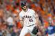 HOUSTON, TEXAS - OCTOBER 10: Gerrit Cole #45 of the Houston Astros reacts after striking out Willy Adames (not pictured) #1 of the Tampa Bay Rays during the fifth inning in game five of the American League Division Series at Minute Maid Park on October 1