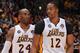 LOS ANGELES, CA - MARCH 10: Kobe Bryant #24 and Dwight Howard #12 of the Los Angeles Lakers look on against the Chicago Bulls at Staples Center on March 10, 2013 in Los Angeles, California. NOTE TO USER: User expressly acknowledges and agrees that, by dow