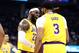 SAN FRANCISCO, CALIFORNIA - OCTOBER 05: LeBron James #23 congratulates Anthony Davis #3 of the Los Angeles Lakers after he made a basket against the Golden State Warriors at Chase Center on October 05, 2019 in San Francisco, California. NOTE TO USER: Us