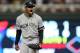 MINNEAPOLIS, MINNESOTA - OCTOBER 07: Luis Severino #40 of the New York Yankees reacts after striking out Jake Cave #60 of the Minnesota Twins with the bases loaded in the second inning of game three of the American League Division Series at Target Field o