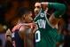 BOSTON, MA - DECEMBER 25: Jayson Tatum #0 of the Boston Celtics and Bradley Beal #3 of the Washington Wizards talk after the game at TD Garden on December 25, 2017 in Boston, Massachusetts. NOTE TO USER: User expressly acknowledges and agrees that, by do