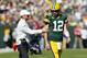 GREEN BAY, WISCONSIN - OCTOBER 20: Head coach Matt LaFleur of the Green Bay Packers talks with Aaron Rodgers #12 during the first half against the Oakland Raiders in the game at Lambeau Field on October 20, 2019 in Green Bay, Wisconsin. (Photo by Dylan Bu
