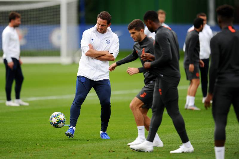 COBHAM, ENGLAND - SEPTEMBER 16: Frank Lampard, Manager of Chelsea and Christian Pulisic of Chelsea train during the Chelsea FC training session on the eve of the UEFA Champions League match between Chelsea FC and Valencia CF at Chelsea Training Ground on 