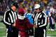 FOXBOROUGH, MASSACHUSETTS - OCTOBER 27: Referee Tony Corrente #99 and Umpire Bill Schuster #129 review a play during the fourth quarter of the game between the New England Patriots and the Cleveland Browns at Gillette Stadium on October 27, 2019 in Foxbor