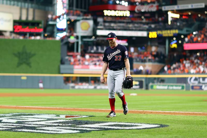 HOUSTON, TEXAS - OCTOBER 29: Stephen Strasburg #37 of the Washington Nationals is taken out of the game against the Houston Astros during the ninth inning in Game Six of the 2019 World Series at Minute Maid Park on October 29, 2019 in Houston, Texas. (Ph