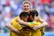 TOPSHOT - Belgium's forward Eden Hazard (L) celebrates with Belgium's forward Dries Mertens (R) and Belgium's midfielder Kevin De Bruyne after scoring their second goal during their Russia 2018 World Cup play-off for third place football match between Bel