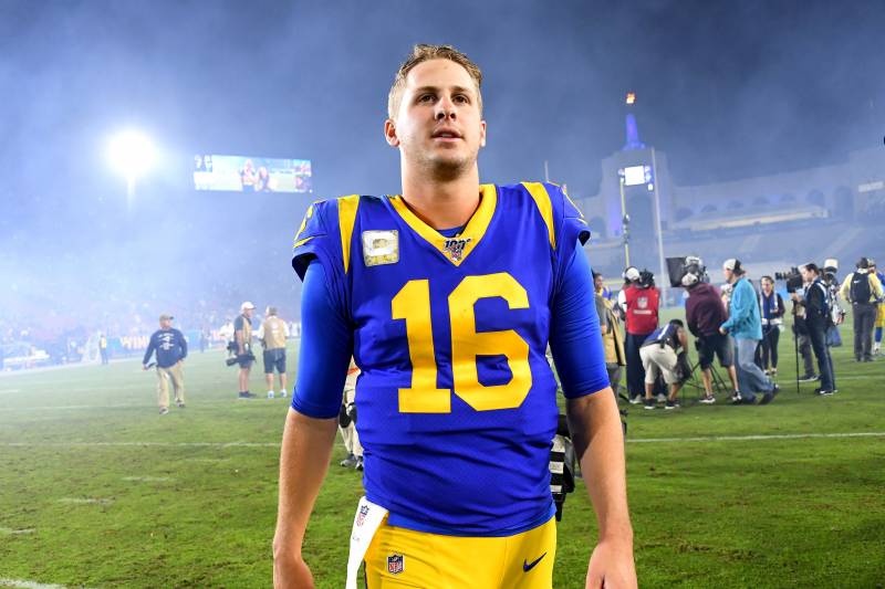 LOS ANGELES, CA - NOVEMBER 17: Quarterback Jared Goff #16 of the Los Angeles Rams leaves the field after the game against the Chicago Bears at the Los Angeles Memorial Coliseum on November 17, 2019 in Los Angeles, California. (Photo by Jayne Kamin-Oncea/G