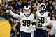 PITTSBURGH, PA - NOVEMBER 10: Aaron Donald #99 of the Los Angeles Rams celebrates with Cory Littleton #58 after sacking Mason Rudolph #2 of the Pittsburgh Steelers for a safety in the fourth quarter at Heinz Field on November 10, 2019 in Pittsburgh, Penns