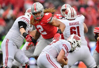 COLUMBUS, OH - OCTOBER 26:  Chase Young #2 of the Ohio State Buckeyes pressures the quarterback against the Wisconsin Badgers at Ohio Stadium on October 26, 2019 in Columbus, Ohio.  (Photo by Jamie Sabau/Getty Images)