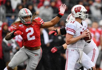 COLUMBUS, OH - OCTOBER 26:  Chase Young #2 of the Ohio State Buckeyes pressures the quarterback against the Wisconsin Badgers at Ohio Stadium on October 26, 2019 in Columbus, Ohio.  (Photo by Jamie Sabau/Getty Images)