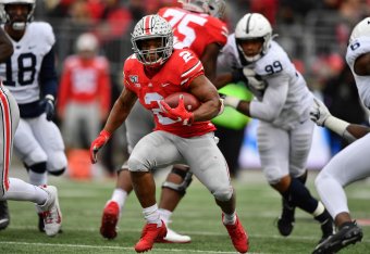COLUMBUS, OH - NOVEMBER 23:  J.K. Dobbins #2 of the Ohio State Buckeyes runs with the ball against the Penn State Nittany Lions at Ohio Stadium on November 23, 2019 in Columbus, Ohio.  (Photo by Jamie Sabau/Getty Images)