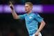 MANCHESTER, ENGLAND - NOVEMBER 23: Kevin De Bruyne of Manchester City celebrates scoring their first goal during the Premier League match between Manchester City and Chelsea FC at Etihad Stadium on November 23, 2019 in Manchester, United Kingdom. (Photo b