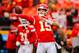 KANSAS CITY, MO - DECEMBER 01: Patrick Mahomes #15 of the Kansas City Chiefs throws a pass during pregame warmups prior to the game against the Oakland Raiders at Arrowhead Stadium on December 1, 2019 in Kansas City, Missouri. (Photo by David Eulitt/Getty
