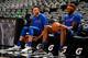 SAN ANTONIO, TX - OCTOBER 23: Kevin Knox #20 and Mitchell Robinson #23 of the New York Knicks smile and laugh on the bench before the game against the San Antonio Spurs on October 23, 2019 at the AT&T Center in San Antonio, Texas. NOTE TO USER: User expre
