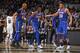 SAN ANTONIO, TX - OCTOBER 23: Kevin Knox #20 and RJ Barrett #9 of the New York Knicks high five after a dunk against the San Antonio Spurs on October 23, 2019 at the AT&T Center in San Antonio, Texas. NOTE TO USER: User expressly acknowledges and agrees t