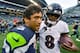 SEATTLE, WASHINGTON - OCTOBER 20: Russell Wilson #3 of the Seattle Seahawks and Lamar Jackson #8 of the Baltimore Ravens hug after the game at CenturyLink Field on October 20, 2019 in Seattle, Washington. The Baltimore Ravens top the Seattle Seahawks 30-1