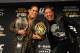NEW YORK, NY - NOVEMBER 01: (L-R) Amanda Nunes and Germaine De Randamie interact on stage during the UFC 245 press conference at the Hulu Theatre at Madison Square Garden on November 1, 2019 in New York, New York. (Photo by Josh Hedges/Zuffa LLC via Gett