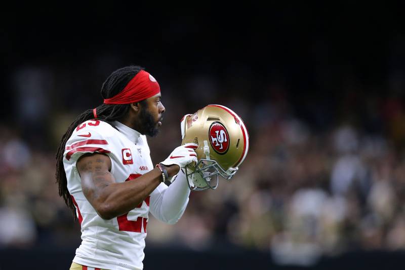 NEW ORLEANS, LOUISIANA - DECEMBER 08: Richard Sherman #25 of the San Francisco 49ers reacts against the New Orleans Saints during a game at the Mercedes Benz Superdome on December 08, 2019 in New Orleans, Louisiana. (Photo by Jonathan Bachman/Getty Images