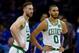 PHILADELPHIA, PA - OCTOBER 23: Gordon Hayward #20 and Jayson Tatum #0 of the Boston Celtics look on against the Philadelphia 76ers at the Wells Fargo Center on October 23, 2019 in Philadelphia, Pennsylvania. NOTE TO USER: User expressly acknowledges and a