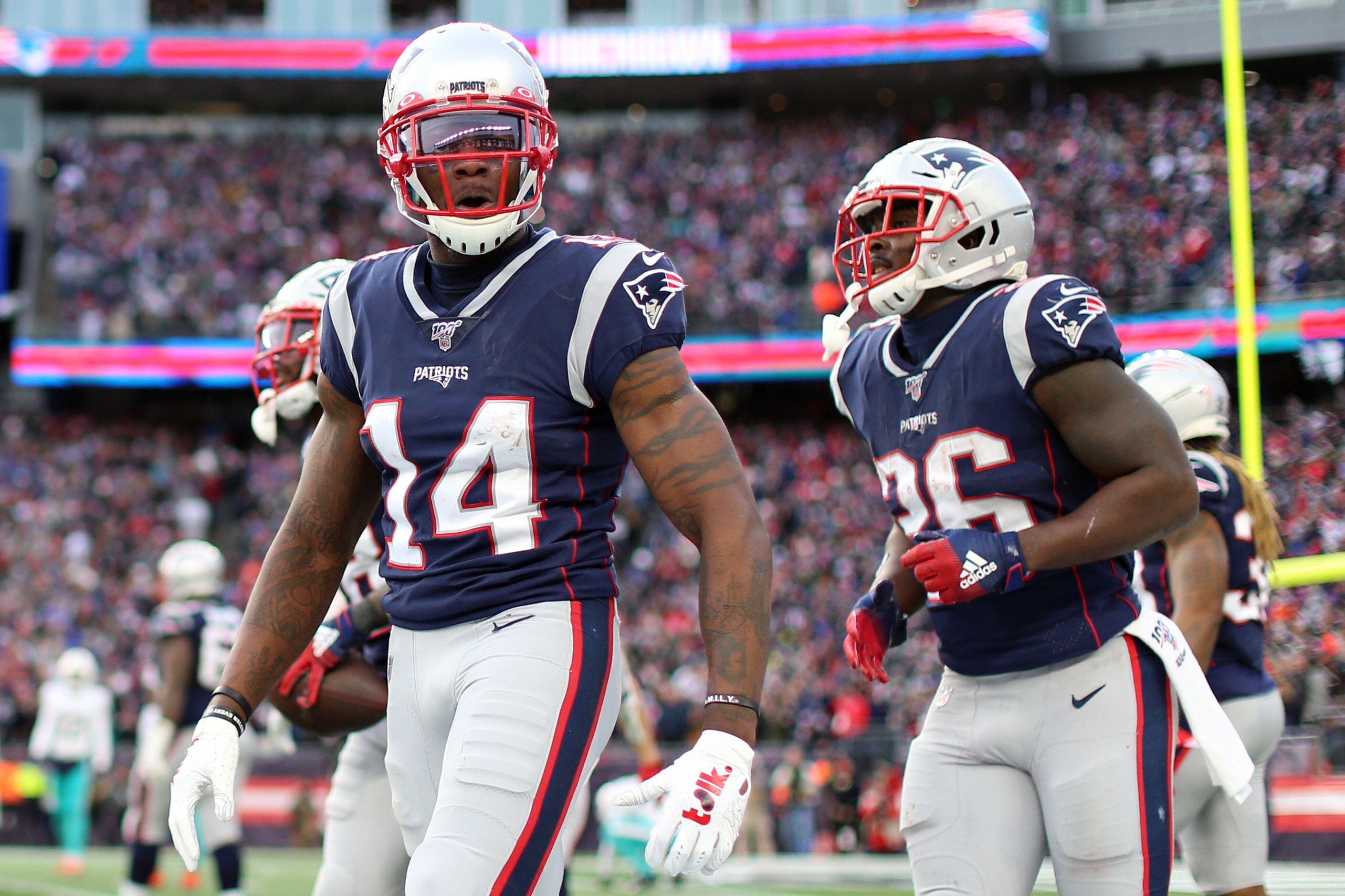 FOXBOROUGH, MASSACHUSETTS - DECEMBER 29: Mohamed Sanu #14 of the New England Patriots celebrates during the game against the Miami Dolphins at Gillette Stadium on December 29, 2019 in Foxborough, Massachusetts. The Dolphins defeat the Patriots 27-24. (P