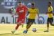 Standard's Dimitri Lavalee and Dortmund's Jadon Sancho fight for the ball during a friendly soccer game between Belgian team Standard de Liege and German club Borussia Dortmund at their the winter training camps in Marbella, Spain, Tuesday 07 January 2020