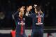 Paris Saint-Germain's German defender Thilo Kehrer (L) celebrates with Paris Saint-Germain's Argentine midfielder Leandro Paredes (R) after scoring a goal during the French L1 football match Paris Saint-Germain (PSG) vs Strasbourg, on April 7, 2019 at the