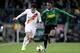MONCHENGLADBACH, GERMANY - NOVEMBER 7: (L-R) Cengiz Under of AS Roma, Denis Zakaria of Borussia Monchengladbach during the UEFA Europa League match between Borussia Monchengladbach v AS Roma at the Borussia Park on November 7, 2019 in Monchengladbach Ge