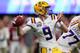 ATLANTA, GEORGIA - DECEMBER 28: Joe Burrow #9 of the LSU Tigers plays against the Oklahoma Sooners during the College Football Playoff Semifinal in the Chick-fil-A Peach Bowl at Mercedes-Benz Stadium on December 28, 2019 in Atlanta, Georgia. (Photo by Gre