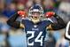 NASHVILLE, TN - NOVEMBER 24: Kenny Vaccaro #24 of the Tennessee Titans flexes his muscles during the second half of a game against the Jacksonville Jaguars at Nissan Stadium on November 24, 2019 in Nashville, Tennessee. The Titans defeated the Jaguars