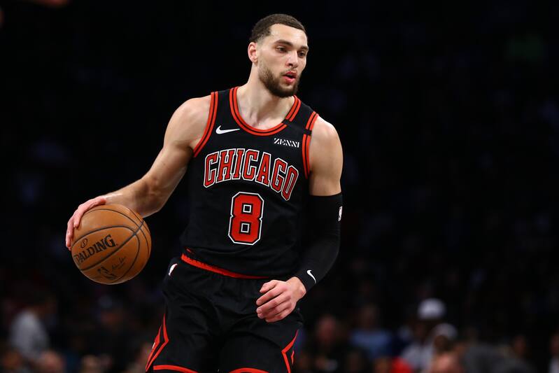 NEW YORK, NEW YORK - JANUARY 31: Zach LaVine #8 of the Chicago Bulls in action against the Brooklyn Nets at Barclays Center on January 31, 2020 in New York City. NOTE TO USER: User expressly acknowledges and agrees that, by downloading and or using this