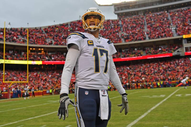 KANSAS CITY, MO - DECEMBER 29:  Quarterback Philip Rivers #17 of the Los Angeles Chargers looks up into the stands during the second half against the Kansas City Chiefs at Arrowhead Stadium on December 29, 2019 in Kansas City, Missouri. (Photo by Peter Ai