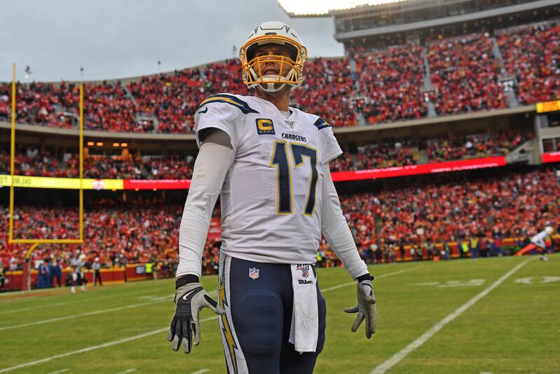 KANSAS CITY, MO - DECEMBER 29: Quarterback Philip Rivers #17 of the Los Angeles Chargers looks up into the stands during the second half against the Kansas City Chiefs at Arrowhead Stadium on December 29, 2019 in Kansas City, Missouri. (Photo by Peter Ai