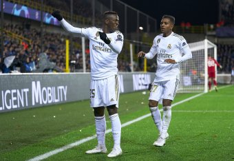 BRUGGE, BELGIUM - DECEMBER 11: Vinicius Jr and Rodrygo of Real Madrid celebrate a goal during the UEFA Champions League group A match between Club Brugge KV and Real Madrid at Jan Breydel Stadium on December 11, 2019 in Brugge, Belgium. (Photo by Quality 