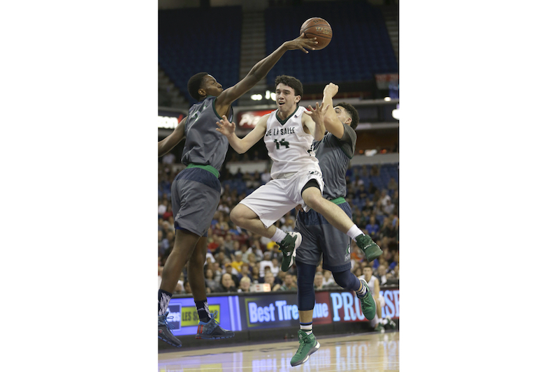 Okongwu and LiAngelo Ball defend De La Salle's Colby Orr in the 2016 state title game.