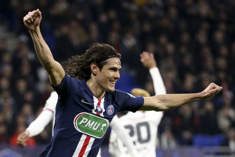 LYON, FRANCE - MARCH 4: Edinson Cavani of PSG celebrates his goal but the goal was cancelled during the French Cup semifinal match between Olympique Lyonnais (OL) and Paris Saint-Germain (PSG) at Groupama Stadium on March 4, 2020 in Decines near Lyon, Fra
