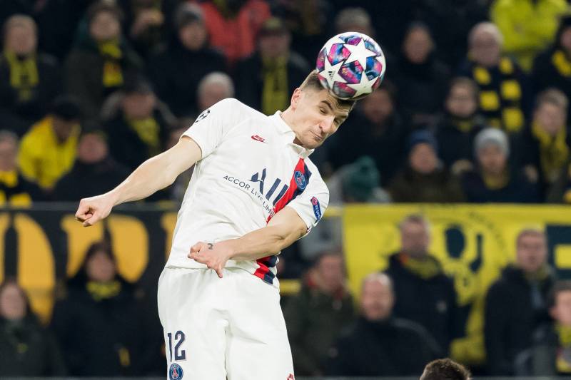 DORTMUND, GERMANY - FEBRUARY 18: (BILD ZEITUNG OUT) Thomas Meunier of Paris Saint-Germain controls the ball during the UEFA Champions League round of 16 first leg match between Borussia Dortmund and Paris Saint-Germain at Signal Iduna Park on February 18,