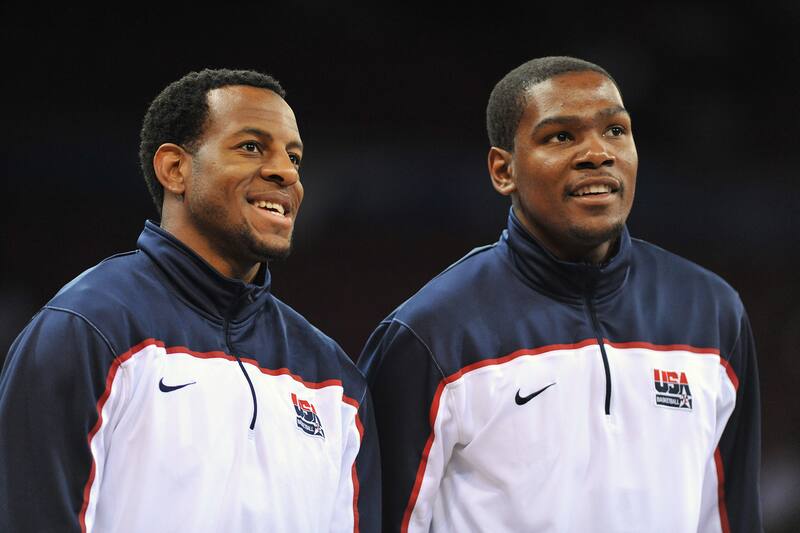 ISTANBUL, TURKEY - SEPTEMBER 2: Andre Iguodala #9 (R) and Kevin Durant #5 of the USA Senior Men's National Team talk prior to the game against Tunisia during the 2010 World Championships of Basketball on September 2, 2010 at Abdi Ipekci Arena in Istanbul,