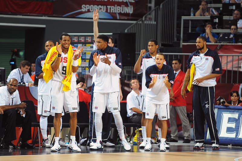 ISTANBUL, TURKEY - SEPTEMBER 9: Andre Iguodala #9, Rudy Gay #8, Danny Granger #10, Stephen Curry #11 and Tyson Chandler #15 of the USA Senior Men's National Team celebrate during the game against Russia at the 2010 World Championships of Basketball on Sep