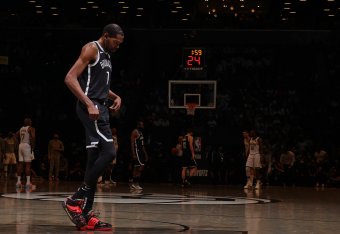 BROOKLYN, NY - JUNE 19: Kevin Durant #7 of the Brooklyn Nets looks on during the game against the Milwaukee Bucks during Round 2, Game 7 of the 2021 NBA Playoffs on June 19, 2021 at Barclays Center in Brooklyn, New York. NOTE TO USER: User expressly ackno BROOKLYN, NY - JUNE 19: Kevin Durant #7 of the Brooklyn Nets looks on during the game against the Milwaukee Bucks during Round 2, Game 7 of the 2021 NBA Playoffs on June 19, 2021 at Barclays Center in Brooklyn, New York. NOTE TO USER: User expressly ackno