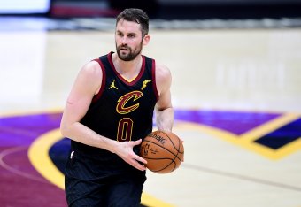 CLEVELAND, OHIO - MAY 12: Kevin Love #0 of the Cleveland Cavaliers drives the ball against the Boston Celtics during their game at Rocket Mortgage Fieldhouse on May 12, 2021 in Cleveland, Ohio. The Cleveland Cavaliers won 102-94. NOTE TO USER: User expres CLEVELAND, OHIO - MAY 12: Kevin Love #0 of the Cleveland Cavaliers drives the ball against the Boston Celtics during their game at Rocket Mortgage Fieldhouse on May 12, 2021 in Cleveland, Ohio. The Cleveland Cavaliers won 102-94. NOTE TO USER: User expres